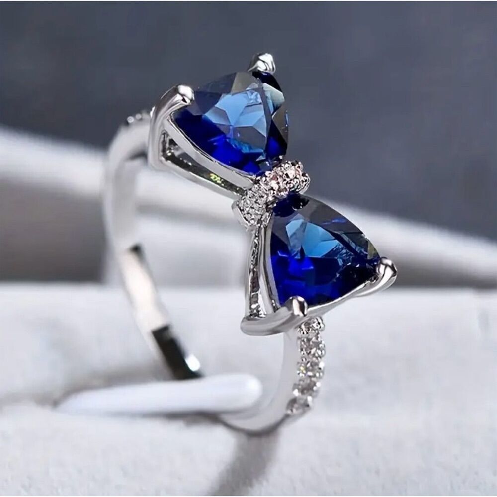 Chic Y2K Blue Sapphire Bow Knot Promise Ring Engagement Birthday 7 Elegant - Picture 3 of 3